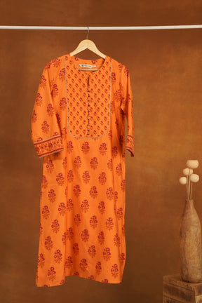 Orange Floral Hand Block Printed Chanderi Silk Kurta - Tara-C-Tara