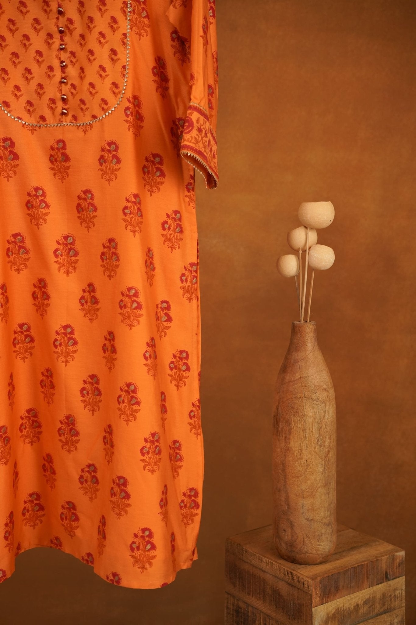 Orange Floral Hand Block Printed Chanderi Silk Kurta - Tara-C-Tara