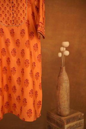 Orange Floral Hand Block Printed Chanderi Silk Kurta - Tara-C-Tara