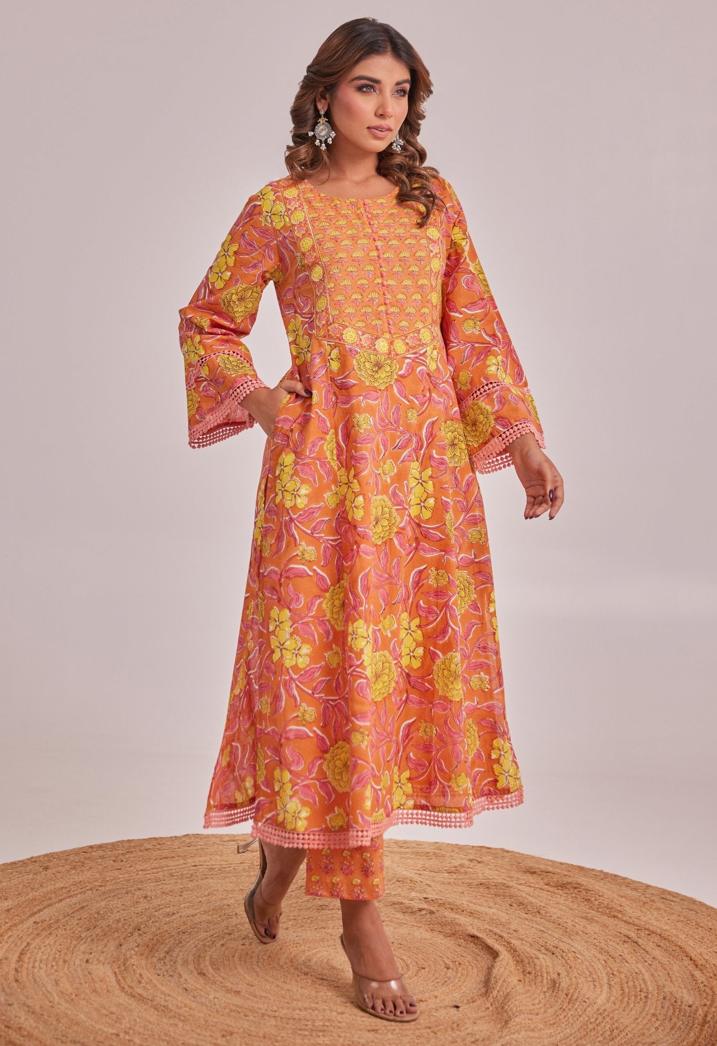 Orange Floral hand Block Printed Coord Set - Tara - C - Tara