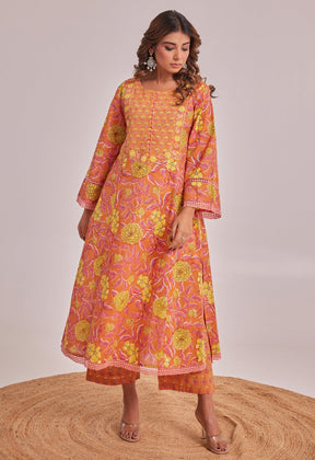 Orange Floral hand Block Printed Coord Set - Tara - C - Tara