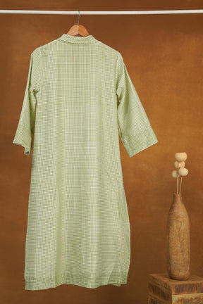 Pastel Green Checks Hand Block Printed Chanderi Silk Kurta with Lining - Tara-C-Tara