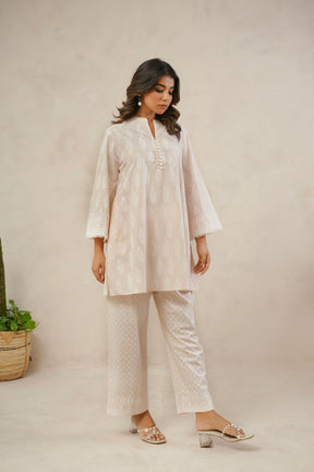 Pastel Peach White Khari hand Block Printed Coordset - Tara - C - Tara