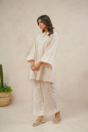Pastel Peach White Khari hand Block Printed Coordset - Tara - C - Tara