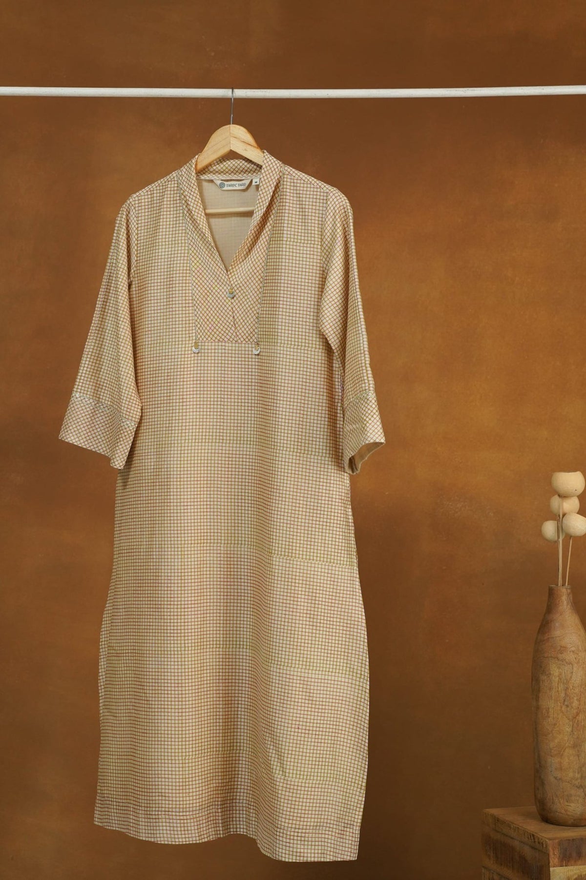 Pastel Pink Checks Hand Block Printed Chanderi Silk Kurta with Lining - Tara-C-Tara