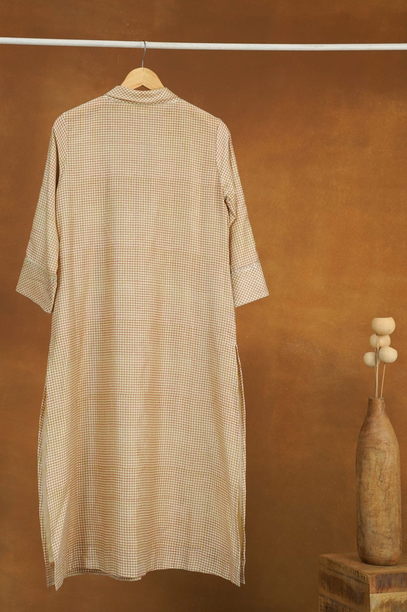 Pastel Pink Checks Hand Block Printed Chanderi Silk Kurta with Lining - Tara-C-Tara