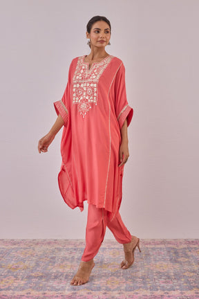 Peach Cotton Silk Embroidered Kaftan Set - Tara - C - Tara