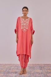 Peach Cotton Silk Embroidered Kaftan Set - Tara - C - Tara