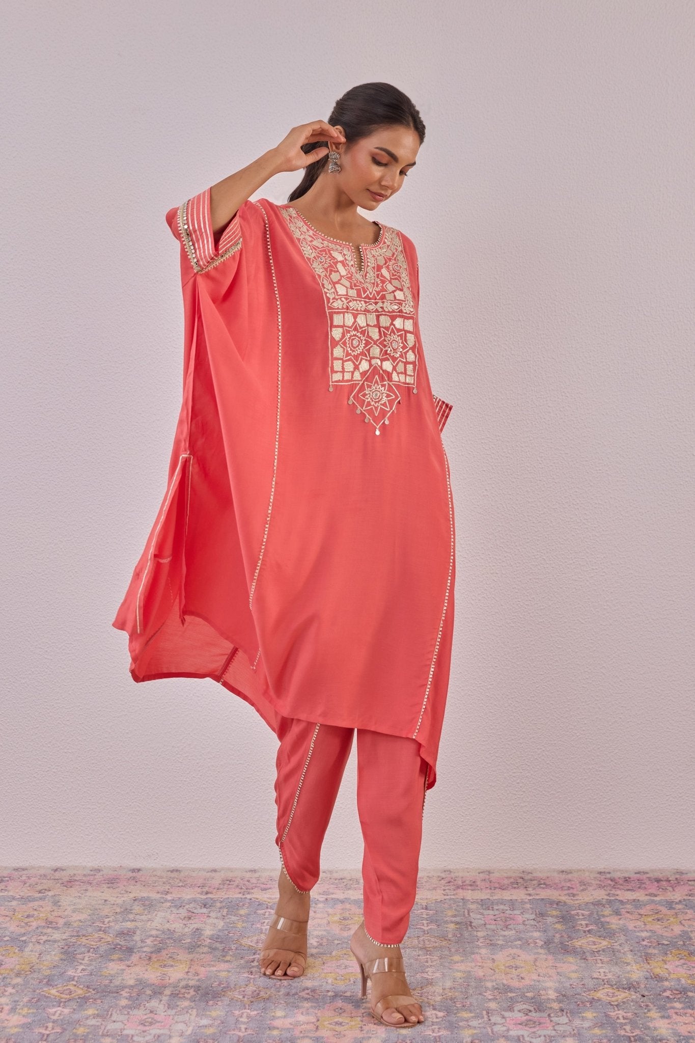 Peach Cotton Silk Embroidered Kaftan Set - Tara - C - Tara
