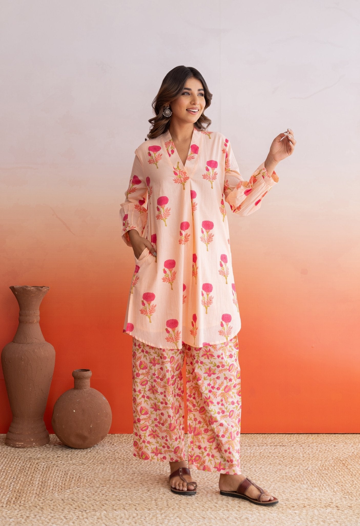 PEACH FLORAL BUTA HAND BLOCK PRINTED COORD SET - Tara - C - Tara