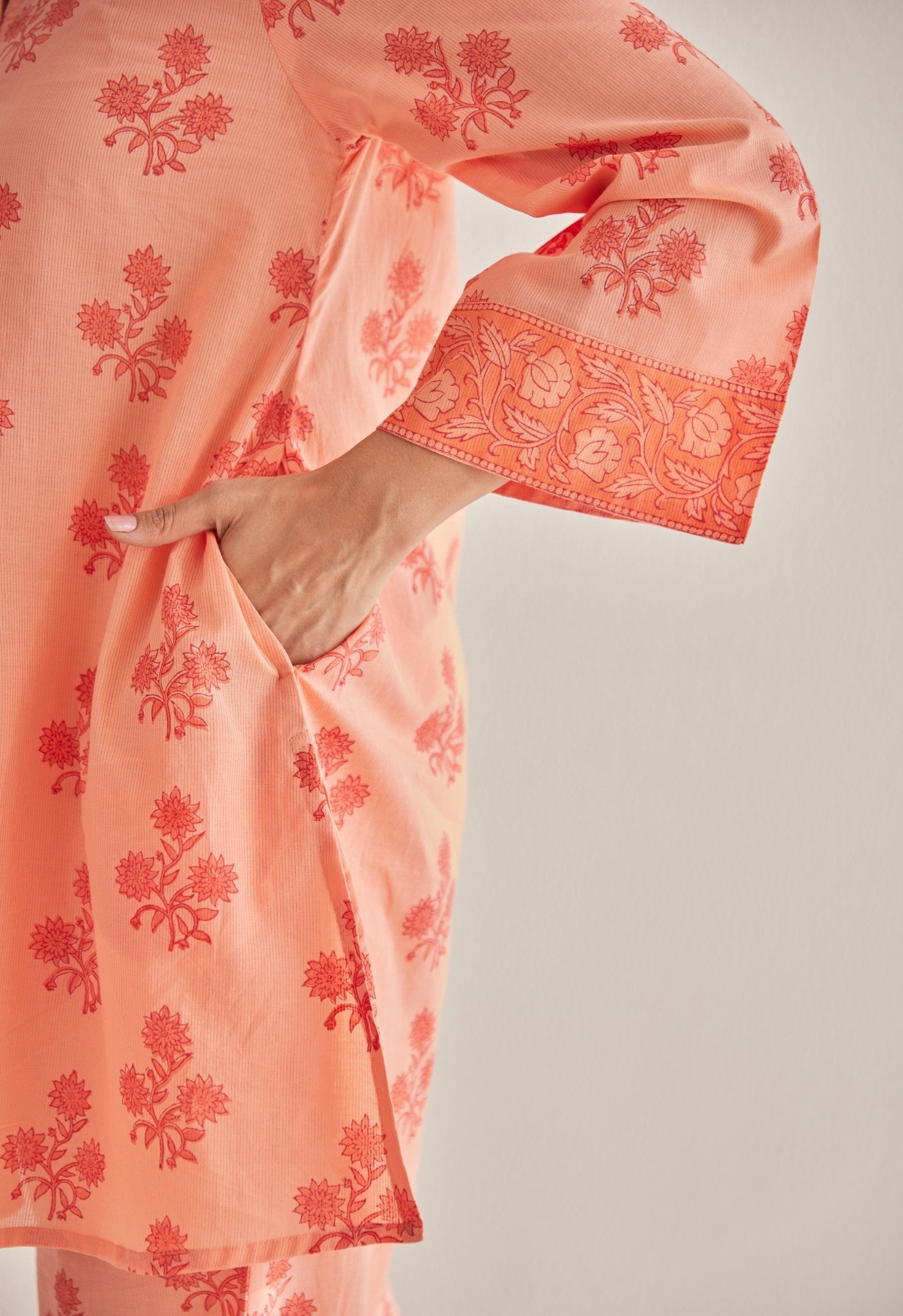 Peach Floral Buti Hand Block Printed Coord Set - Tara - C - Tara