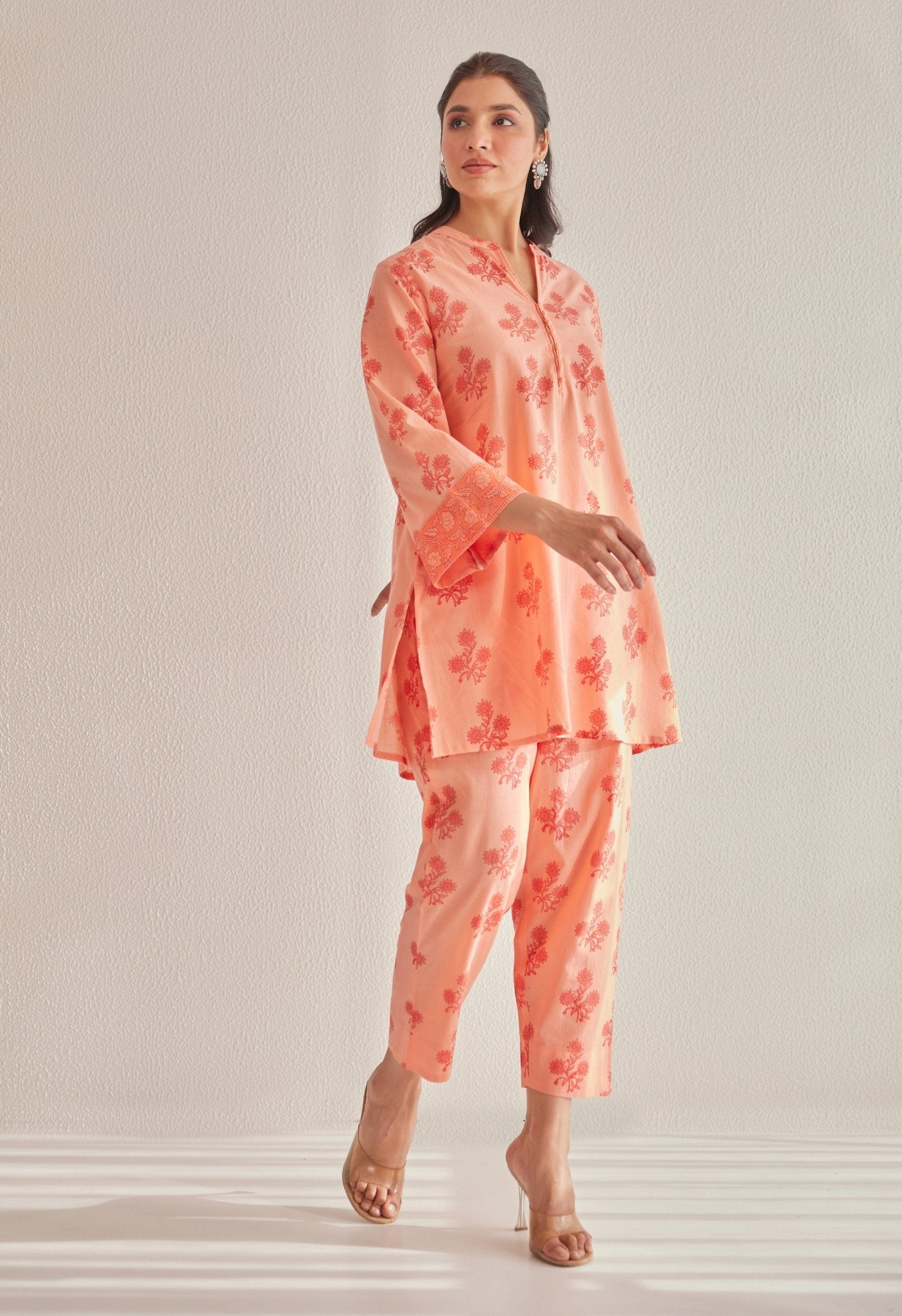 Peach Floral Buti Hand Block Printed Coord Set - Tara - C - Tara