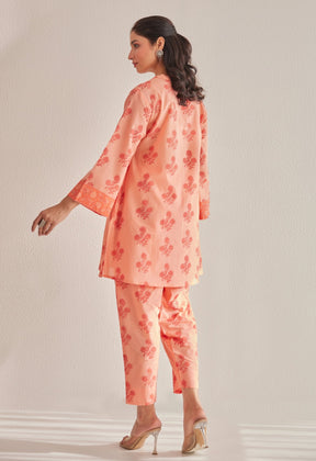 Peach Floral Buti Hand Block Printed Coord Set - Tara - C - Tara