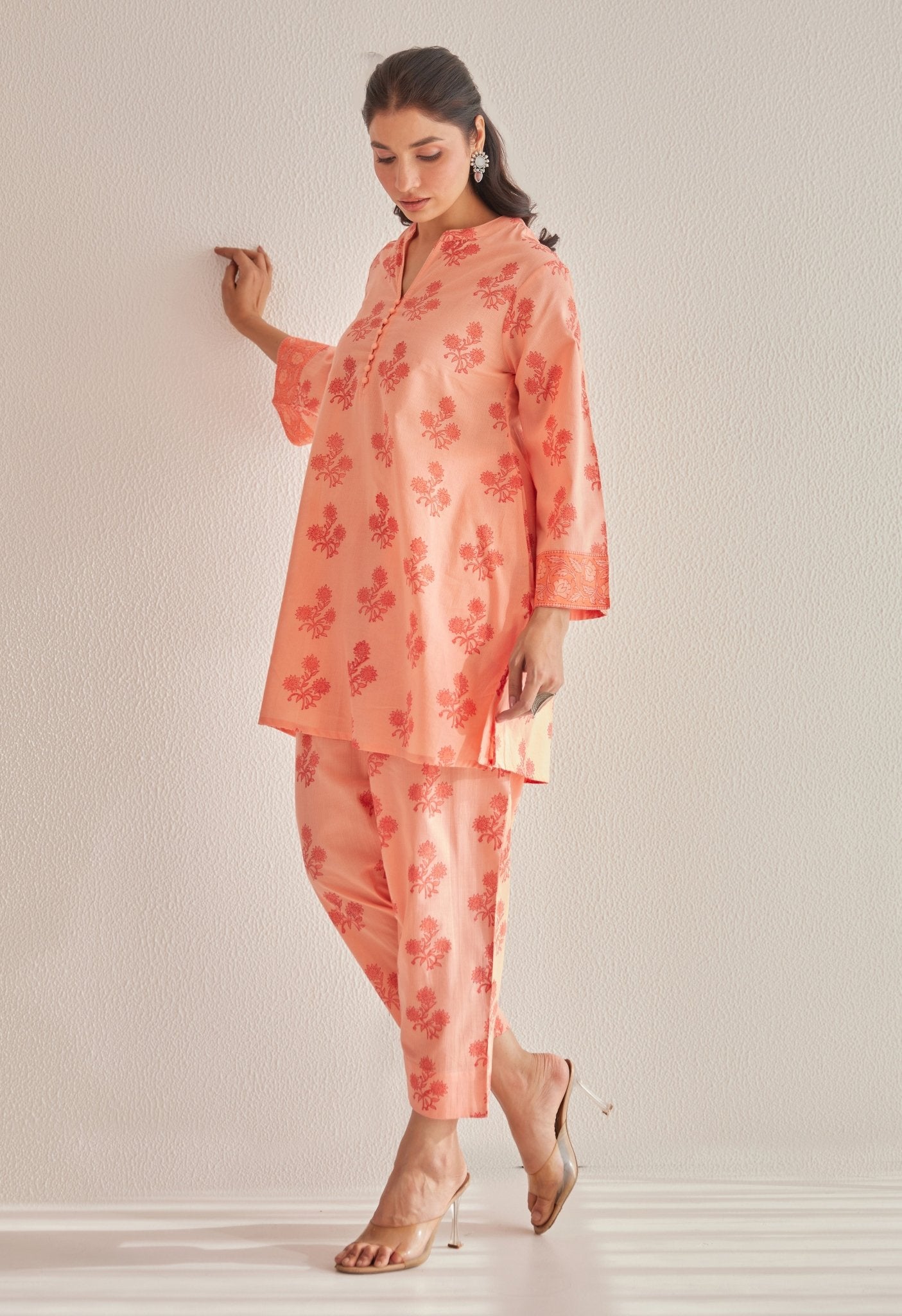 Peach Floral Buti Hand Block Printed Coord Set - Tara - C - Tara