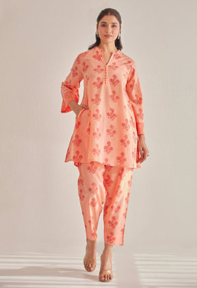 Peach Floral Buti Hand Block Printed Coord Set - Tara - C - Tara