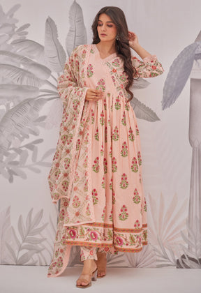 Peach Floral Butta Printed Anarkali Suit Set - Tara - C - Tara
