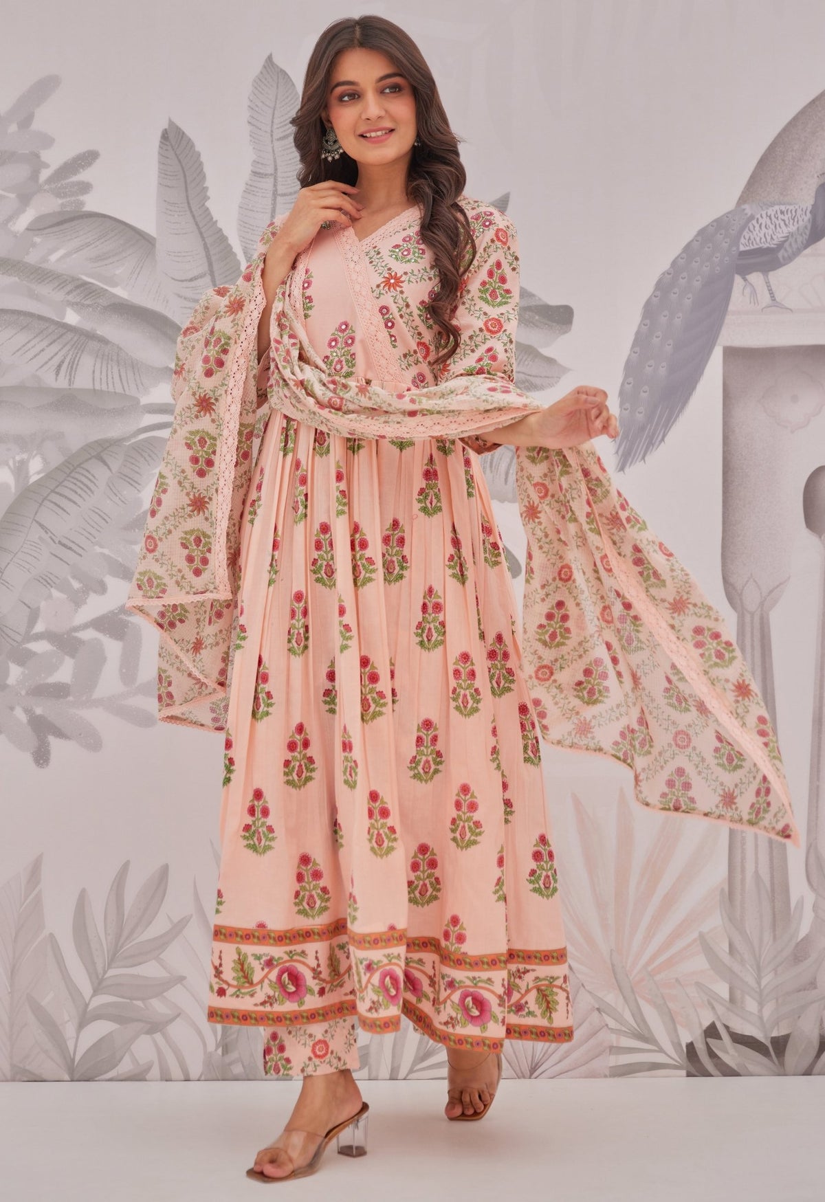 Peach Floral Butta Printed Anarkali Suit Set - Tara - C - Tara