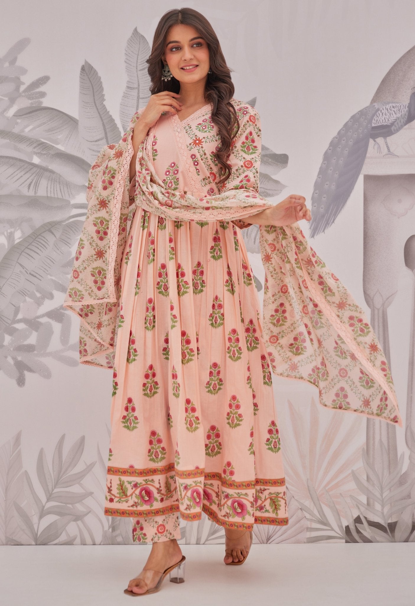 Peach Floral Butta Printed Anarkali Suit Set - Tara - C - Tara