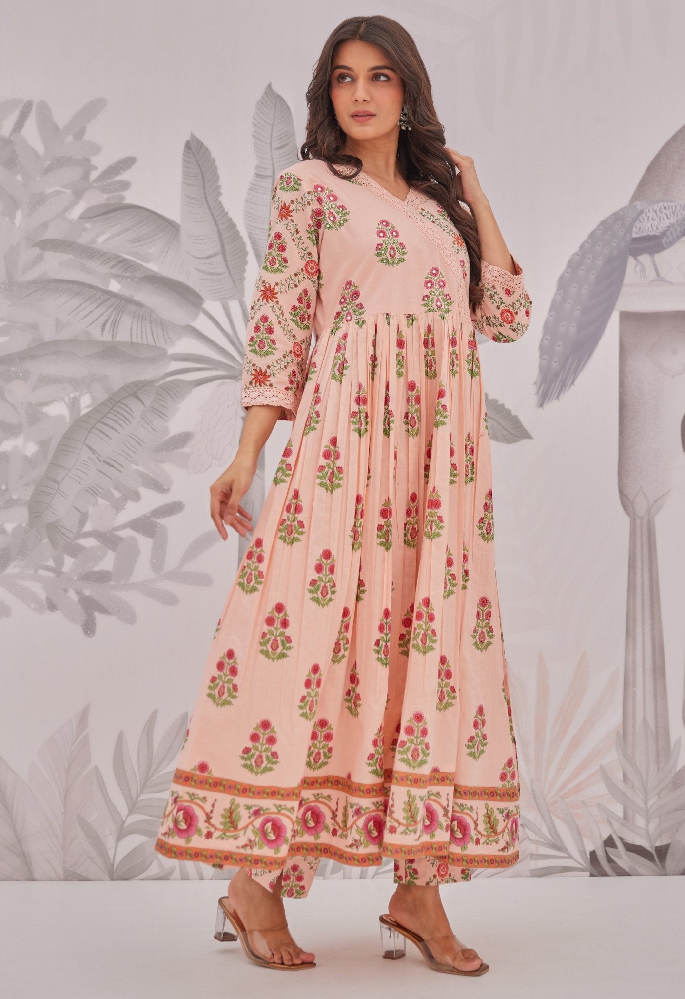 Peach Floral Butta Printed Anarkali Suit Set - Tara - C - Tara
