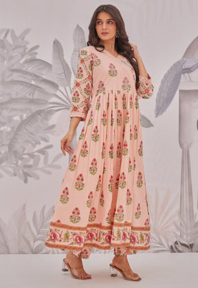 Peach Floral Butta Printed Anarkali Suit Set - Tara - C - Tara