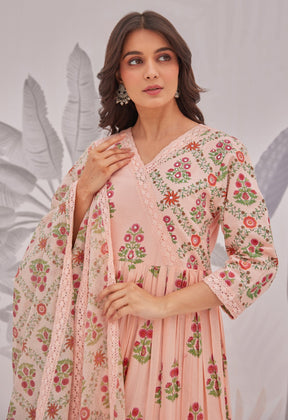 Peach Floral Butta Printed Anarkali Suit Set - Tara - C - Tara