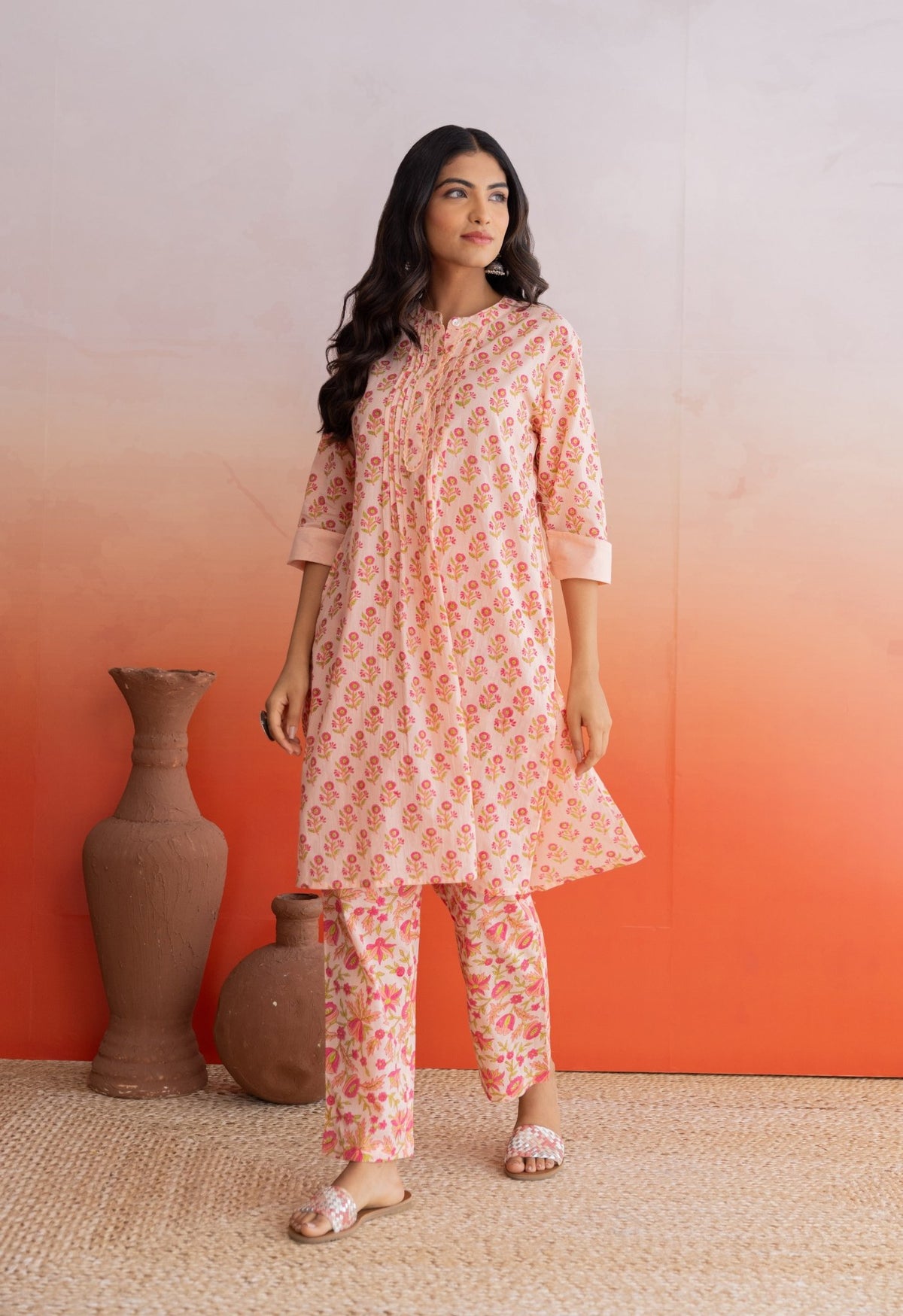 PEACH FLORAL HAND BLOCK PRINTED COORDSET - Tara - C - Tara