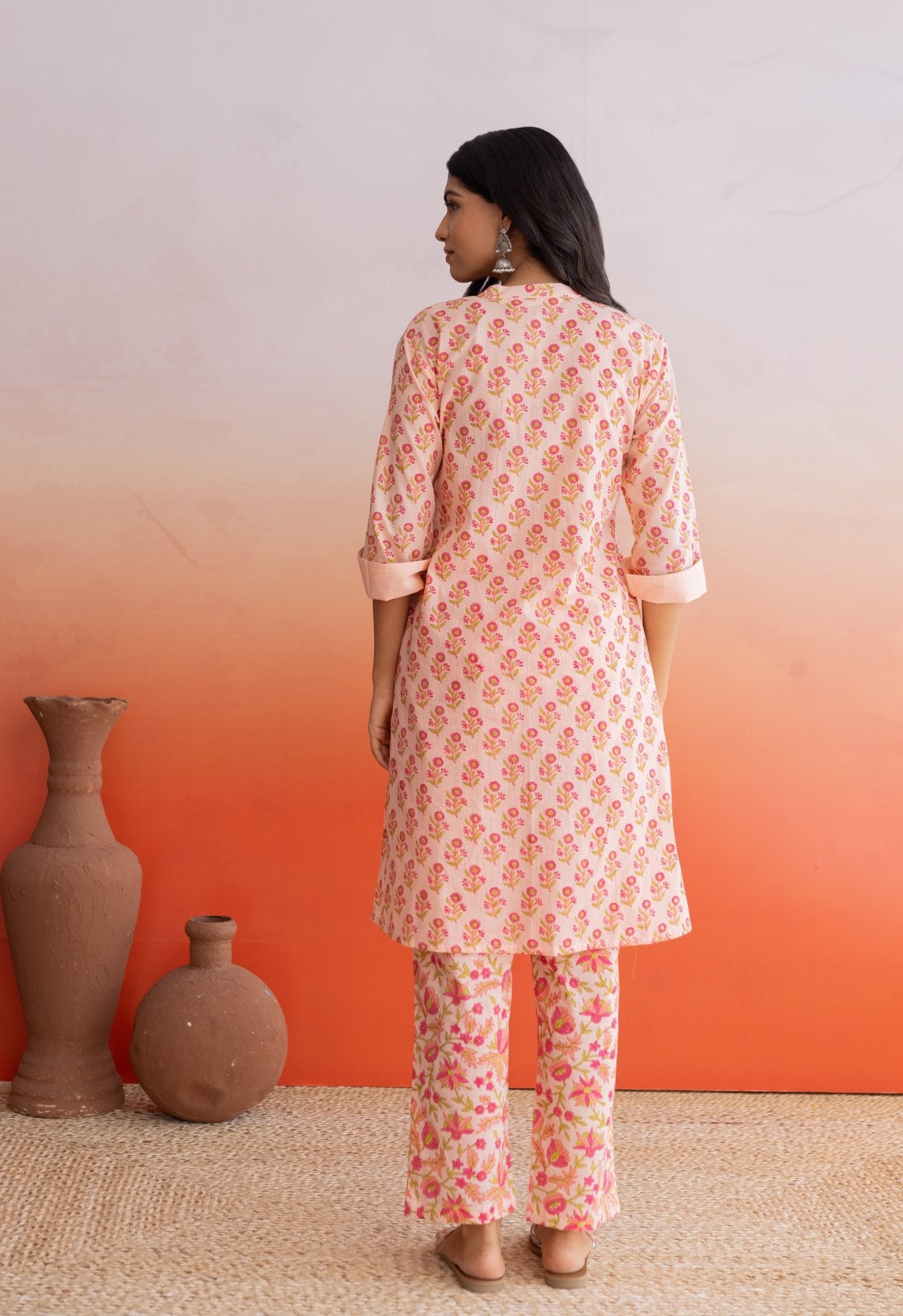 PEACH FLORAL HAND BLOCK PRINTED COORDSET - Tara - C - Tara