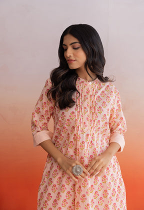 PEACH FLORAL HAND BLOCK PRINTED COORDSET - Tara - C - Tara