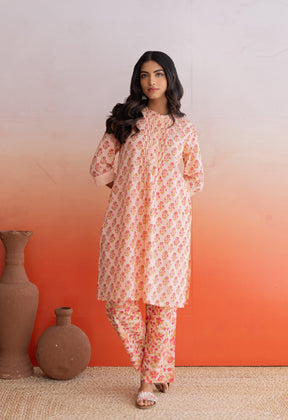 PEACH FLORAL HAND BLOCK PRINTED COORDSET - Tara - C - Tara