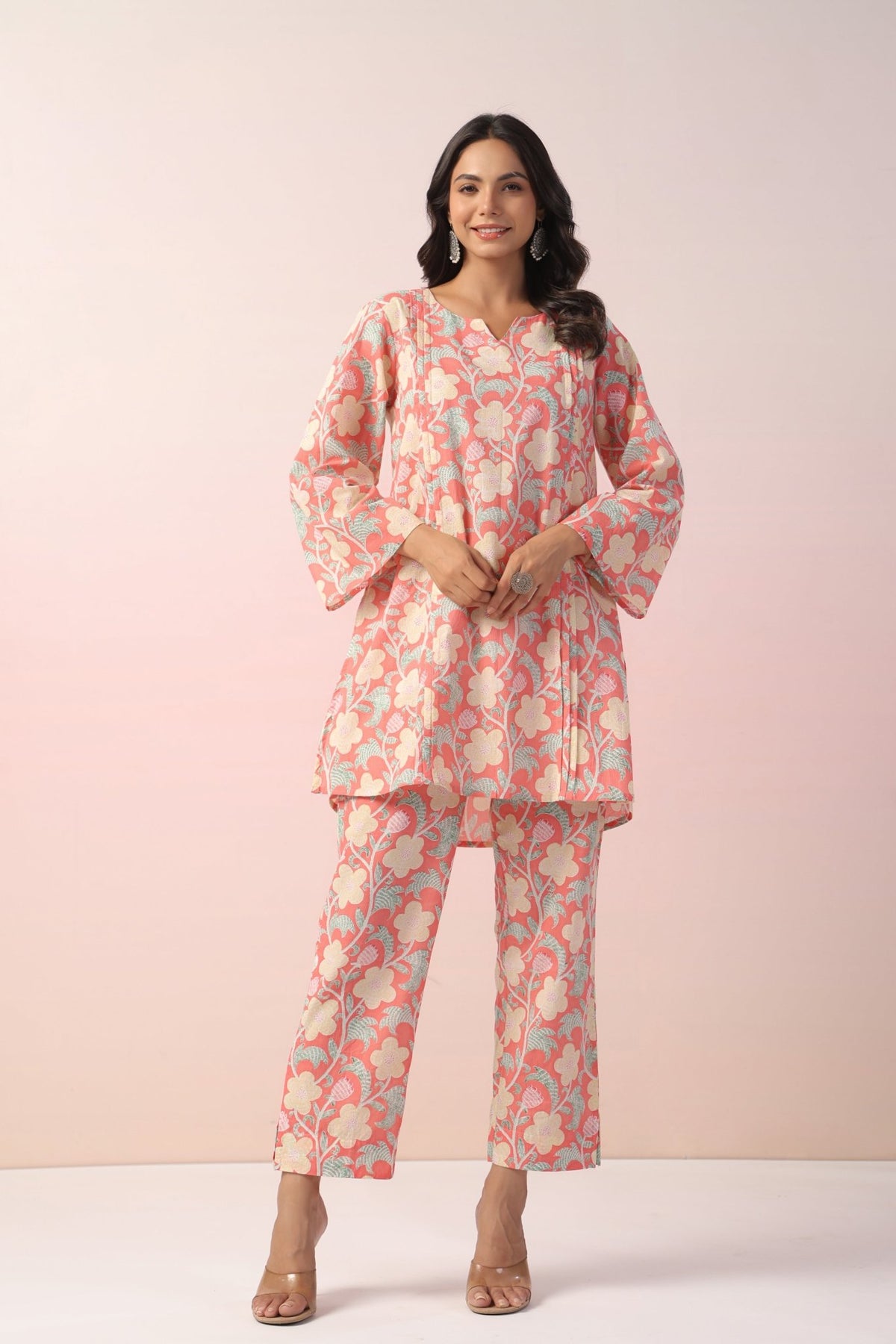 PEACH FLORAL PRINTED COTTON COORD SET - Tara - C - Tara