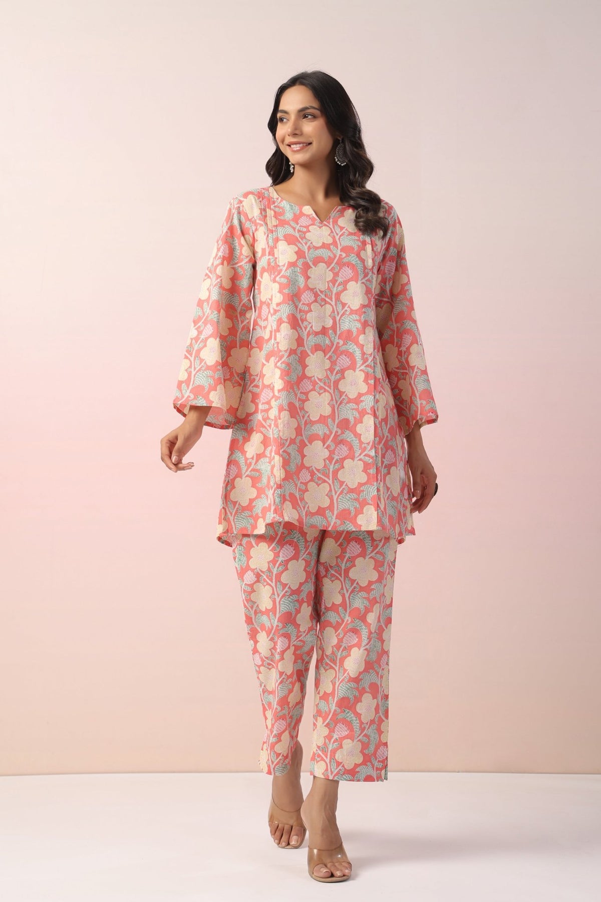 PEACH FLORAL PRINTED COTTON COORD SET - Tara - C - Tara
