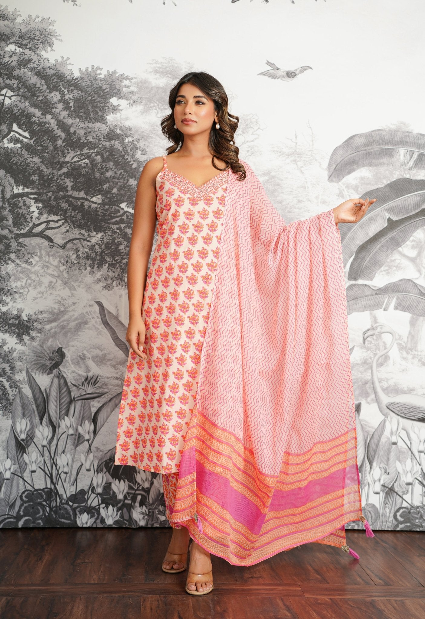 Peach Floral Printed Strappy Suit set - Tara - C - Tara