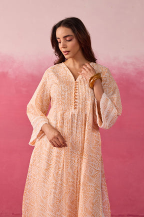 Peach Hand Block Print Gathered Kurta & White Pant Co - ord Set - Tara - C - Tara