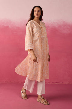 Peach Hand Block Print Gathered Kurta & White Pant Co-ord Set