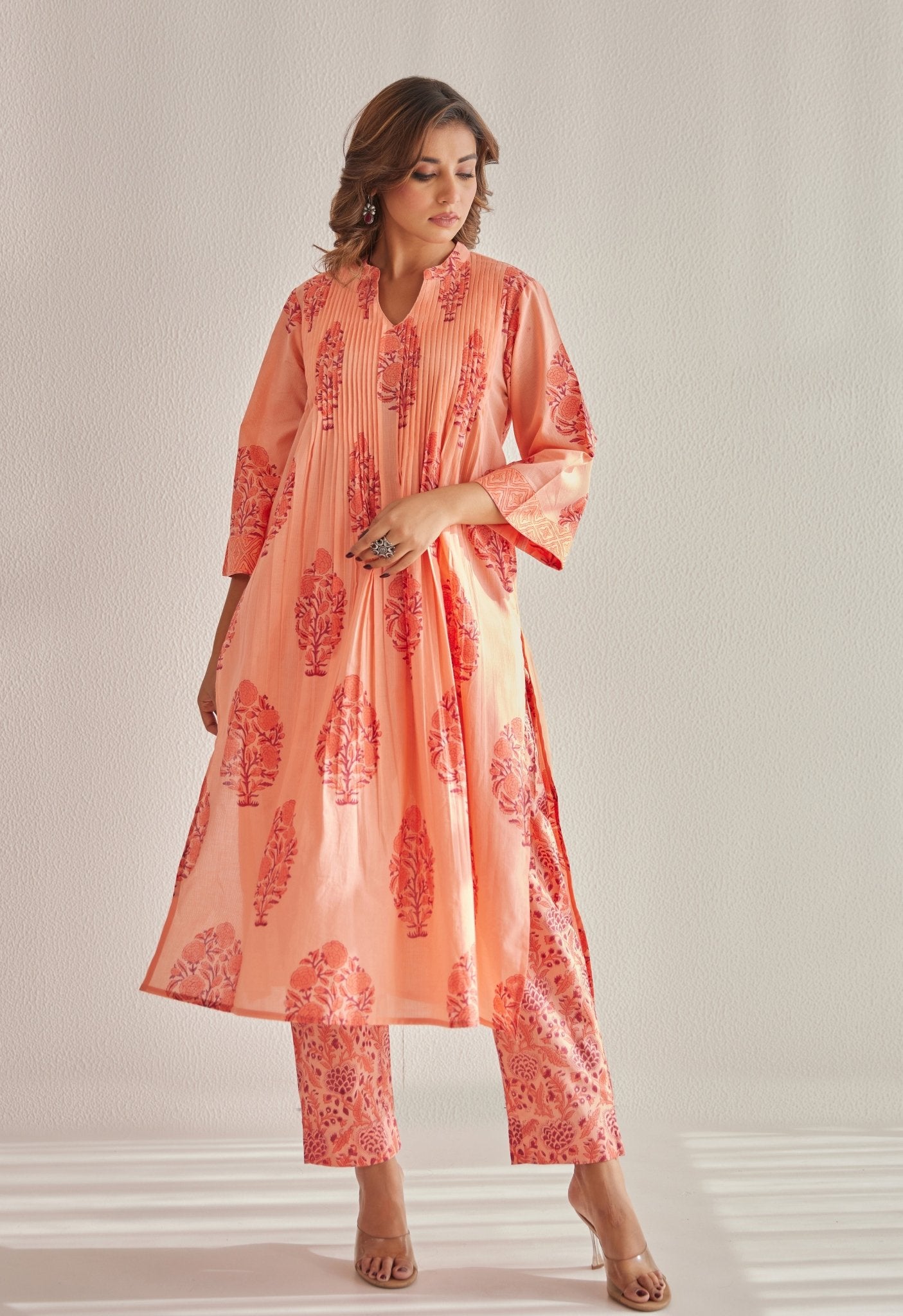 Peach Hand Block Printed Coord Set - Tara - C - Tara