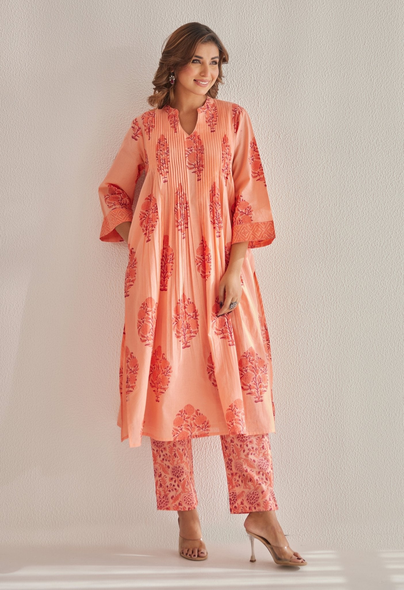 Peach Hand Block Printed Coord Set - Tara - C - Tara