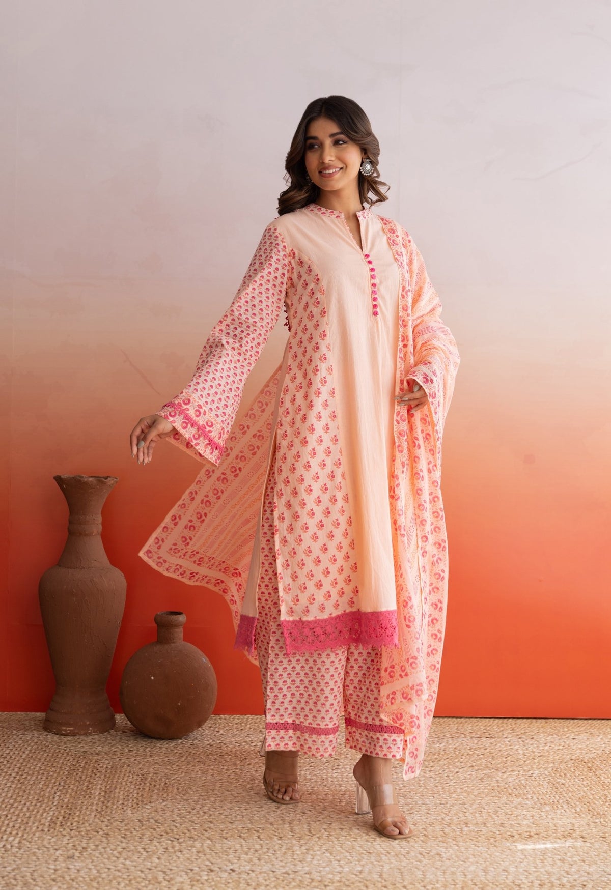 Peach Hand Block Printed Kurta Set With Doriya Dupatta - Tara - C - Tara