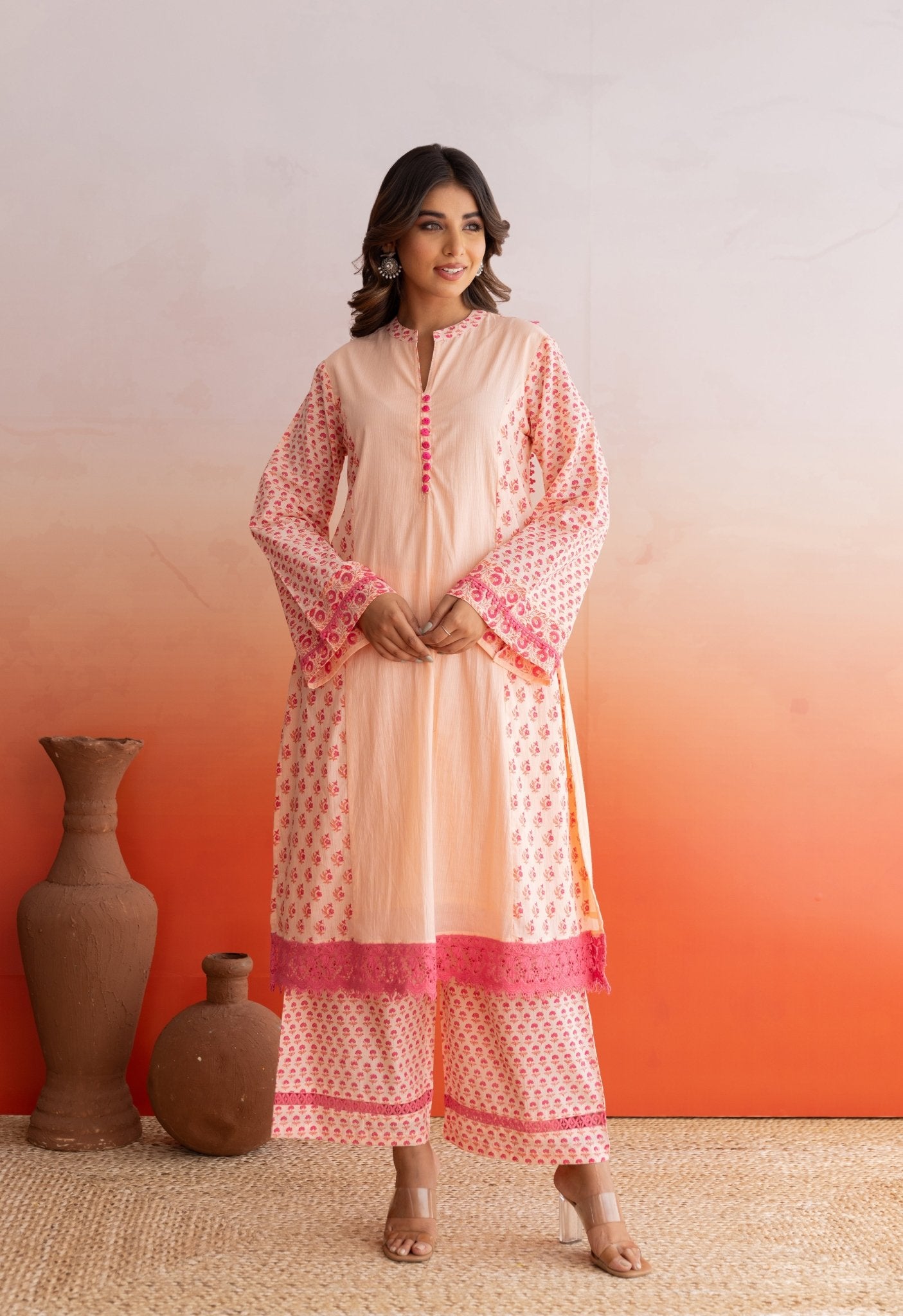 Peach Hand Block Printed Kurta Set With Doriya Dupatta - Tara - C - Tara