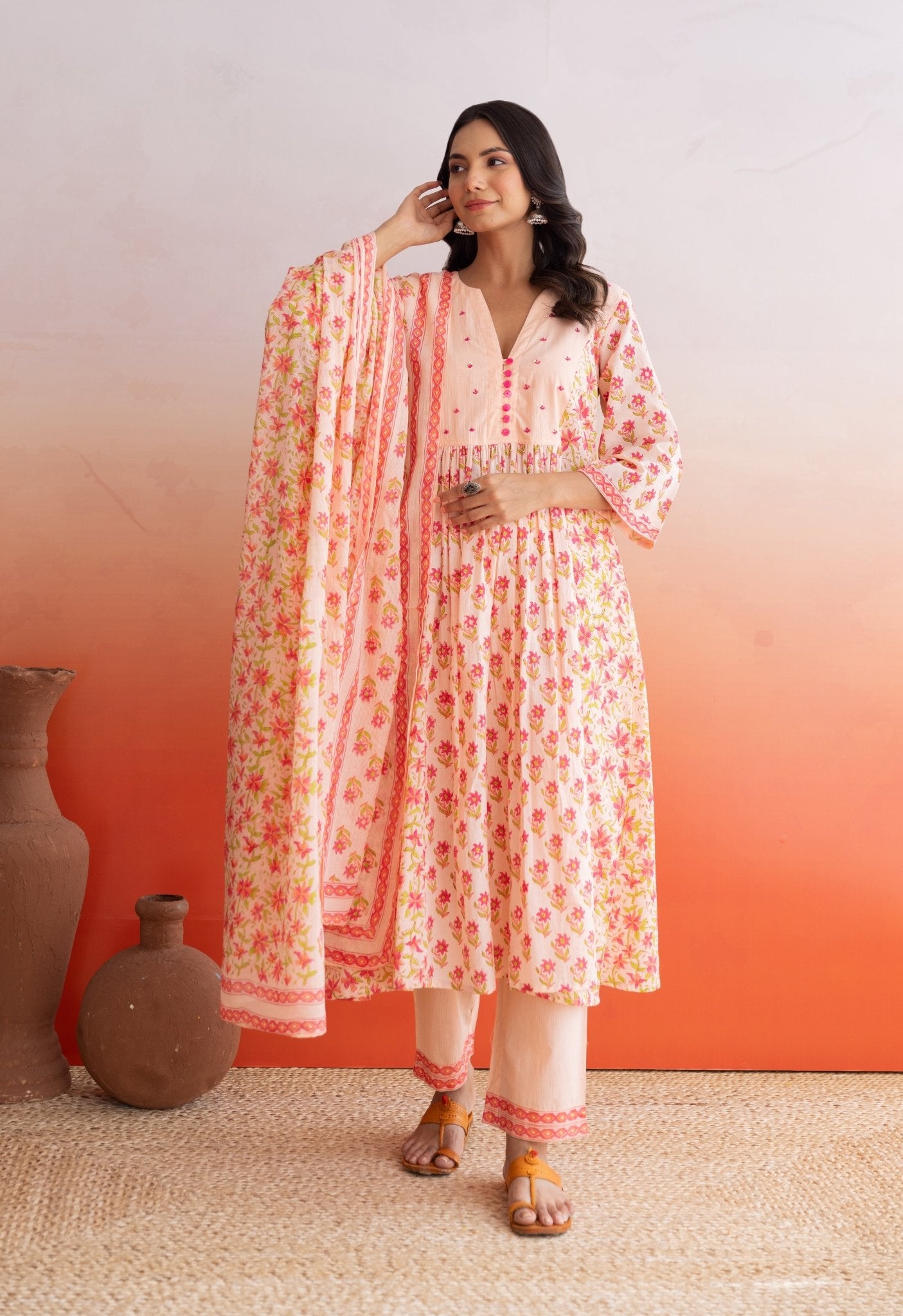 Peach Hand Block Printed Kurta Set With Doriya Dupatta - Tara - C - Tara