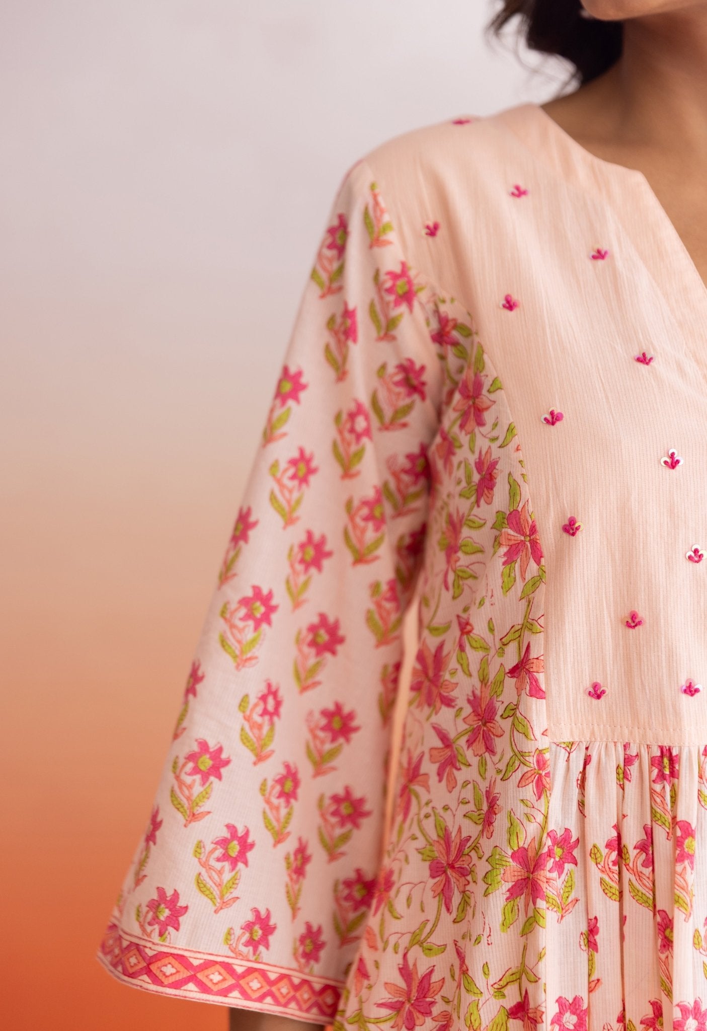 Peach Hand Block Printed Kurta Set With Doriya Dupatta - Tara - C - Tara