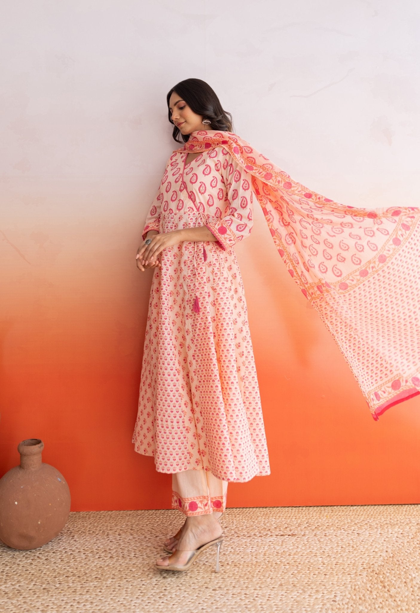 Peach Hand Block Printed Strappy Suit Set With Doriya Dupatta - Tara - C - Tara