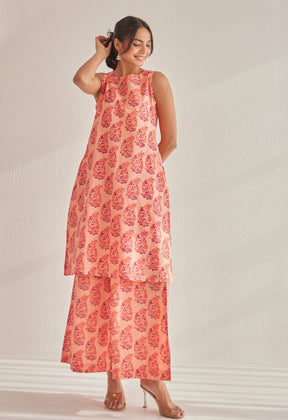 Peach Off Sleeves floral Buta Hand Block Printed Coord Set - Tara - C - Tara