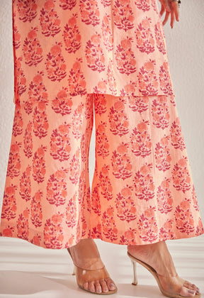 Peach Off Sleeves floral Buta Hand Block Printed Coord Set - Tara - C - Tara