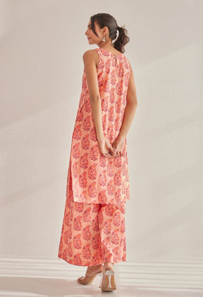 Peach Off Sleeves floral Buta Hand Block Printed Coord Set - Tara - C - Tara