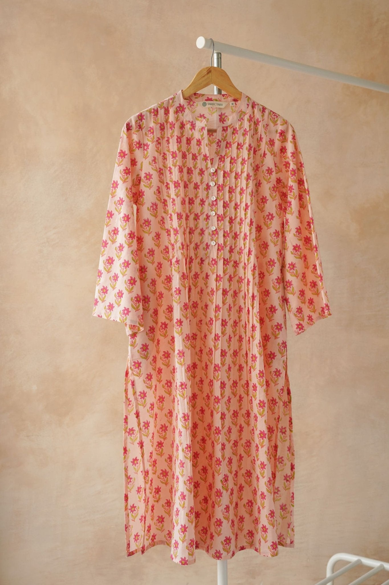 Peach Pink Floral Hand Block Print Pintuck Kurta - Tara - C - Tara