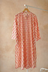 Peach Pink Floral Hand Block Print Pintuck Kurta - Tara - C - Tara