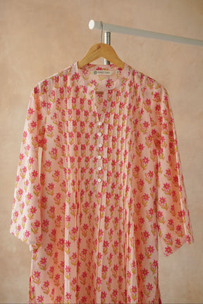 Peach Pink Floral Hand Block Print Pintuck Kurta - Tara - C - Tara