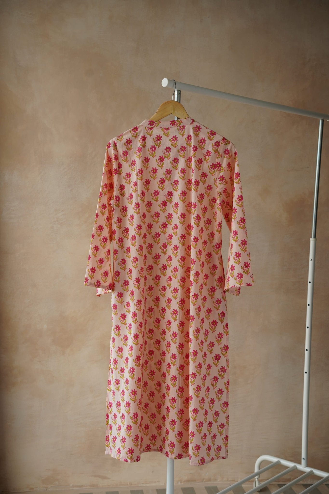 Peach Pink Floral Hand Block Print Pintuck Kurta - Tara - C - Tara