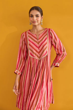 Peach Pink Hand Block Printed Kurta with Solid Farshi Pants - Tara - C - Tara