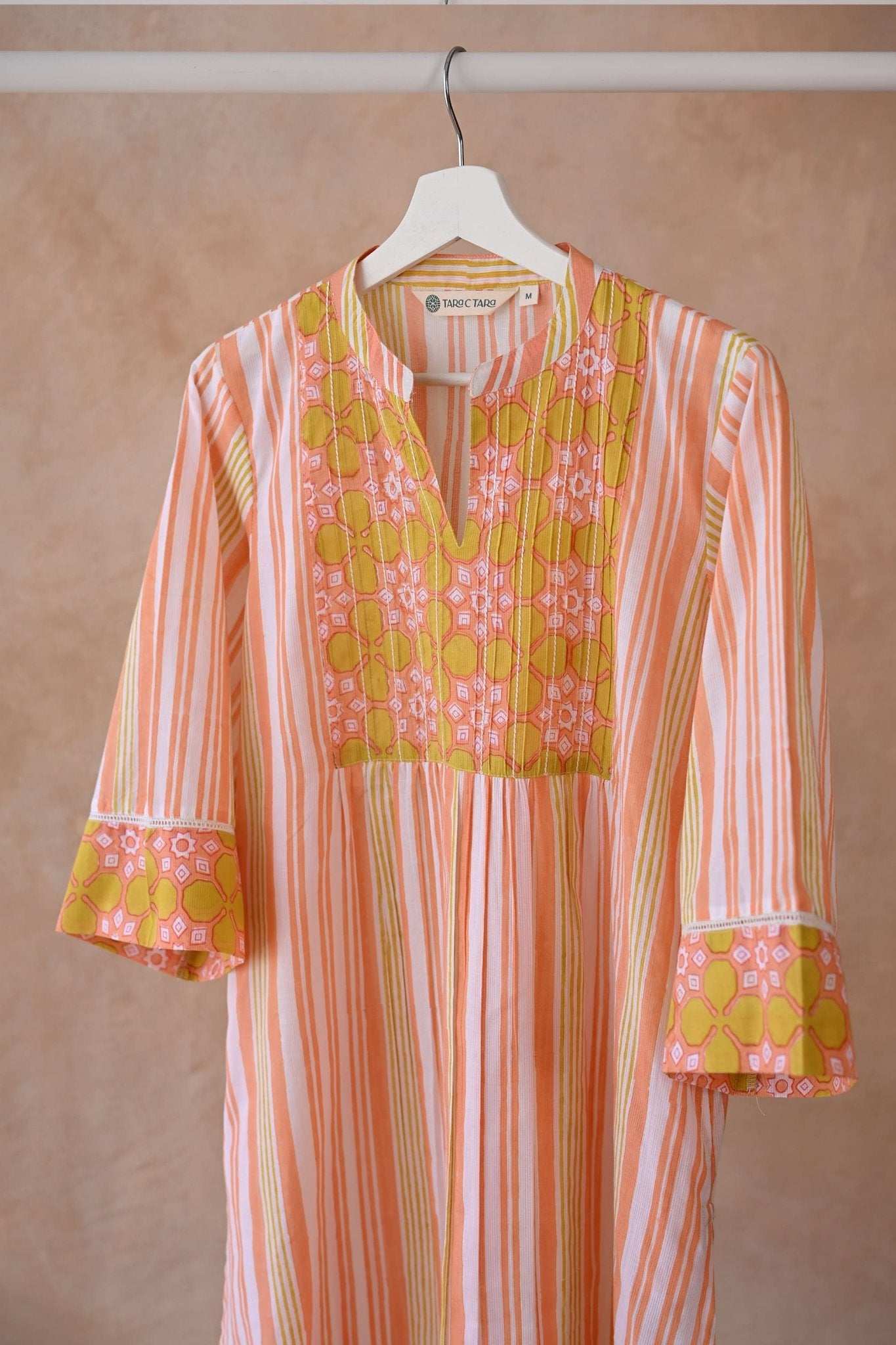 Peach & Yellow Stripe Block Printed Kurta - Tara - C - Tara